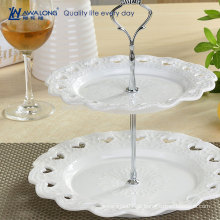 Forma redonda padrão de flor cerâmica branca pura duas camadas placa de frutas, bolo de frutas placa para festa